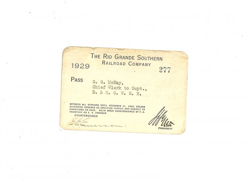 The Rio Grande Southern Railroad Company Pass 1923