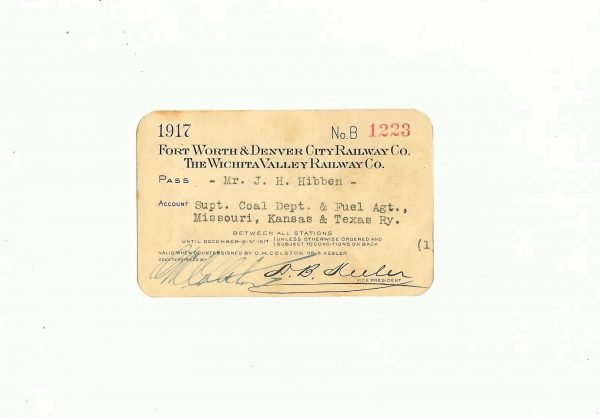 Fort Worth & Denver City Railway Company Railroad Pass 1917