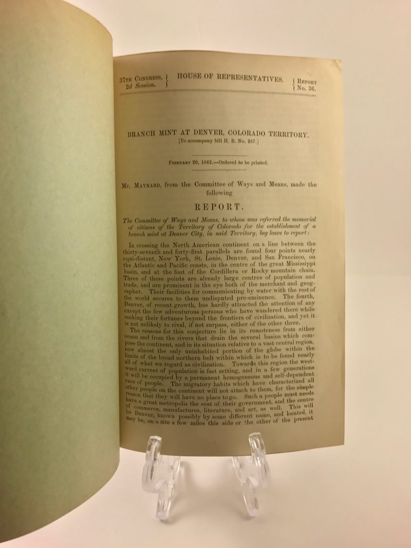Branch Mint at Denver, Colorado Territory 1862 Pamphlet House of Representatives