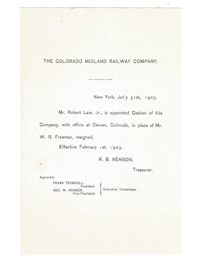 The Colorado Midland Railway Company New Appointee Announcement 1903