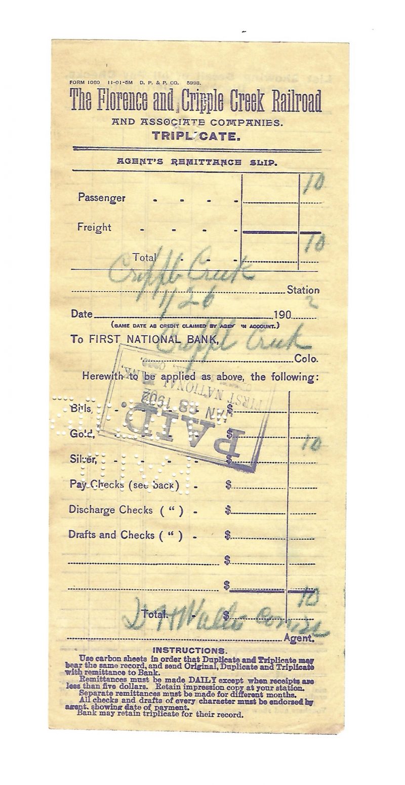 The Florence and Cripple Creek Railroad Colorado Remittance Slip 1902