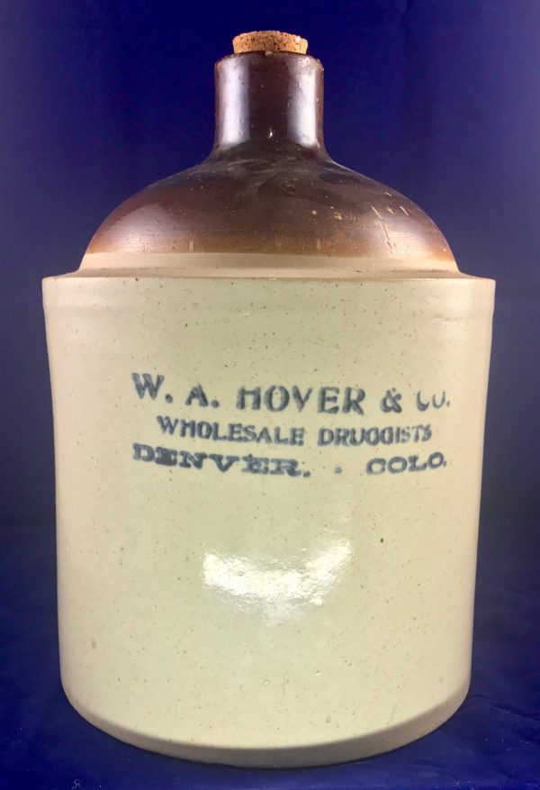 W.A. Hover & CO Wholesale Druggist Denver Colorado Whiskey Pottery Jug ca.1910
